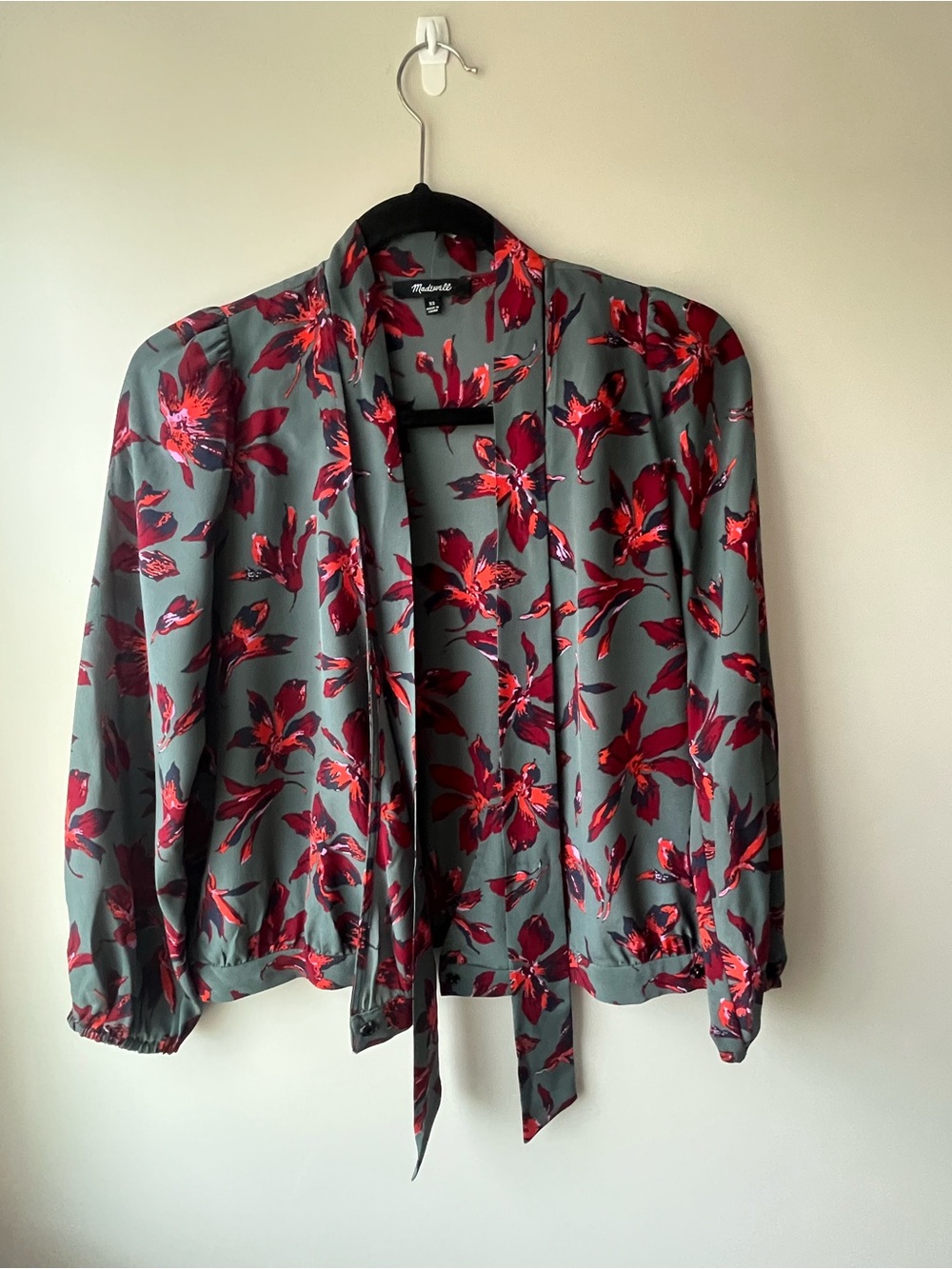 Madewell Silk Tie-Neck Wrap Blouse with Red Floral Print